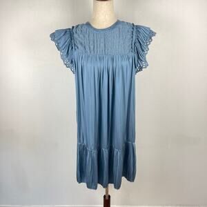 Current air Light Blue Satin Shift Dress Tiered Pleated Short Sleeve Size Medium